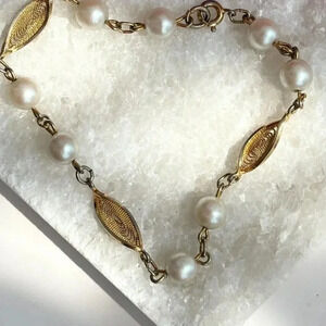 Gold Toned Filigree Faux Pearl Vintage Chain Avant Garde Bracelet  - 7.5"